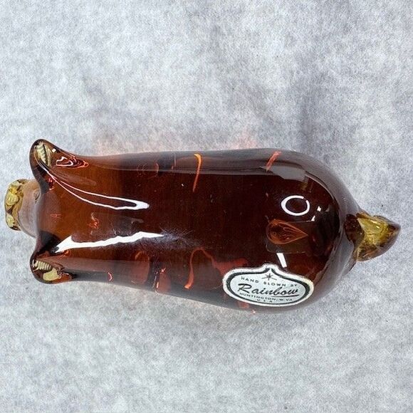Amber Glass Pig Pilgrim Glass by Rainbow 1970s Vintage Hand Blown Figurine - Picture 4 of 10